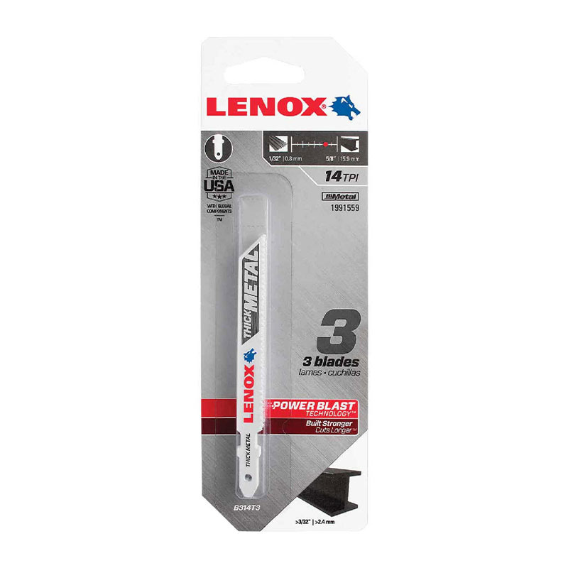 332803.jpg Lenox T-Shank 3-5/8 Inch x 14 TPI Thick Metal Bi-Metal Jig Saw Blade 3Pk - Image 1