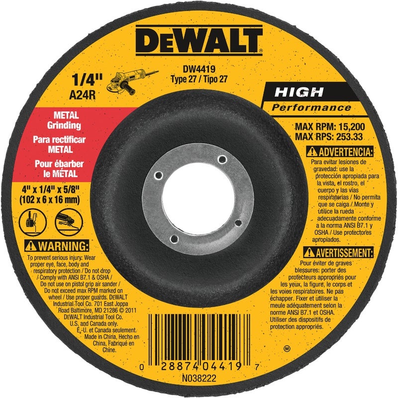 357722.jpg DeWalt HP Type 27 4 In. x 1/4 In. x 5/8 In. Metal Grinding Cut-Off Wheel - Image 1