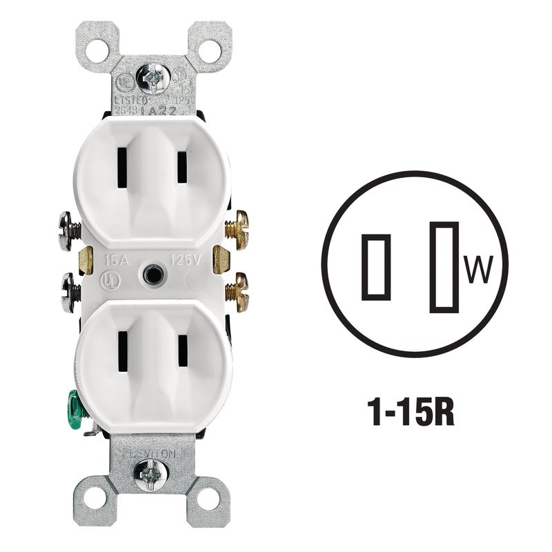 530832.jpg Leviton 15A White Residential Grade 1-15R Duplex Outlet - Image 1